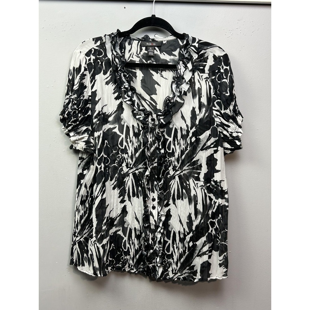 Style & Co‎ Blouse Womens 18 Black White Ruffle Front Button Short Sleeve Top